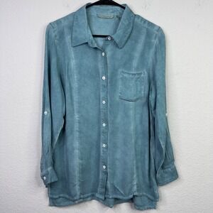 Soft Surroundings Shirt Women L Blue Button Tie Dye Coastal Boho Hippie Festival
